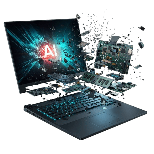Imagem de um laptop futurista em 3D com peças tecnológicas explodindo artisticamente para fora